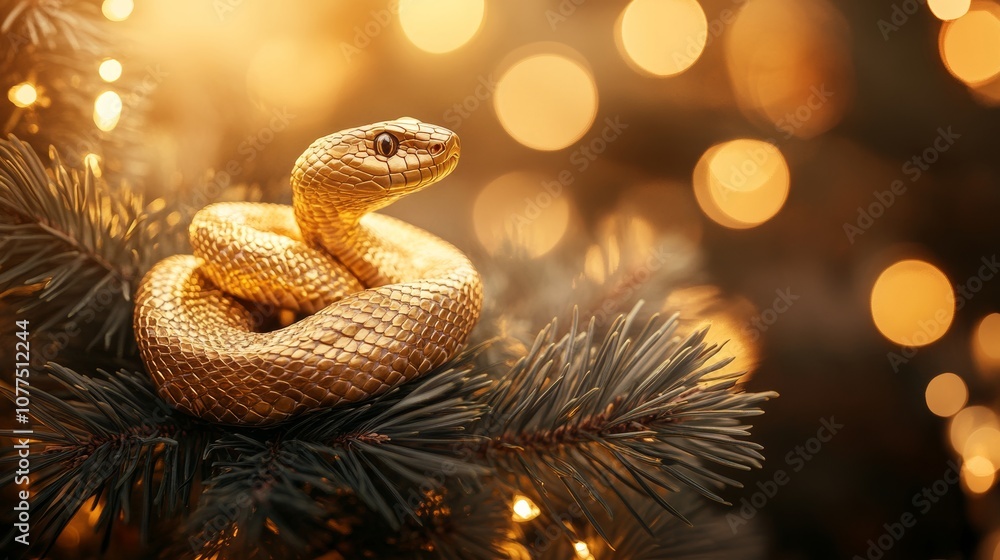 Golden snake resting on pine tree branch with christmas lights Golden snake resting on pine tree branch with christmas lights