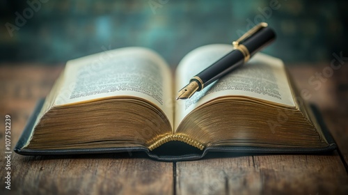 Open Book with Pen on Wooden Surface