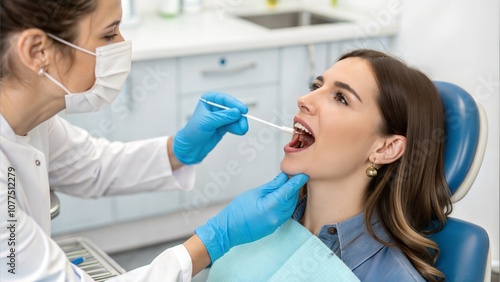 Dentist's Hand Taking Saliva Test From Woman's Mouth