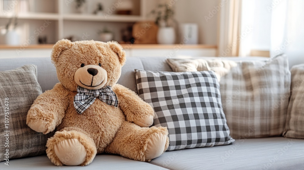 Large teddy bear with open arms, leaning on a pillow on the couch. generative ai Large teddy bear with open arms, leaning on a pillow on the couch. generative ai