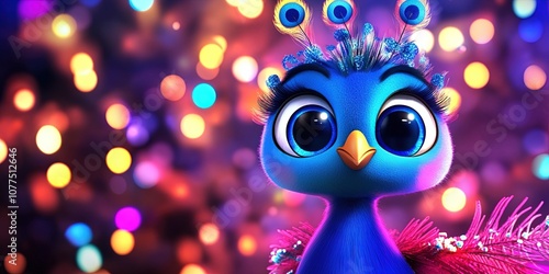 Adorable 3D animated cartoon peacock, christmas background, copy space
