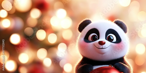 Adorable 3D animated cartoon panda, christmas background, copy space 