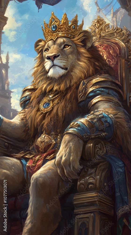 Fototapeta premium Majestic lion king sitting on ornate throne, wearing golden crown and armor