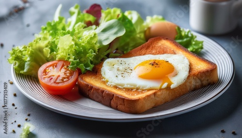 トーストにバターが溶けて、シンプルなプレートにサラダと目玉焼きが添えられた朝食の定番シーン。温かくて爽やかな朝の食事風景です。
