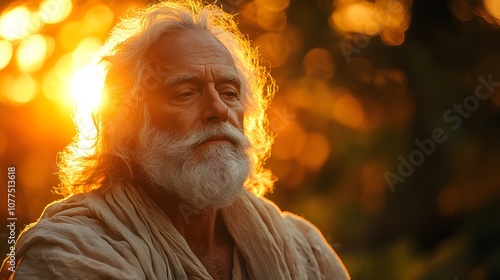 Elderly Man with White Beard in Sunset