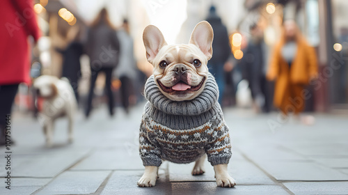 A small French Bulldog wearing a cozy sweater sitting happily on a city sidewalk with people passing by in the background.