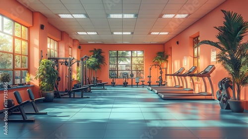 Modern Gym Interior with Orange Walls and Natural Light