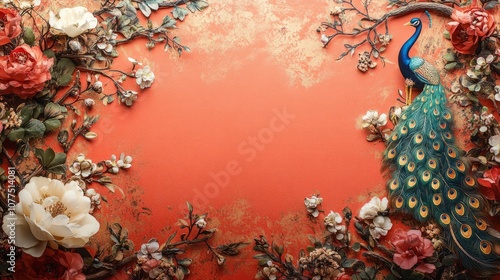 Indian wedding invitation on a table with peacock design  