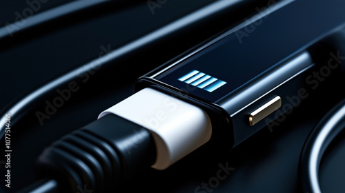 Close-up of a black and white USB cable plugged into a device with a digital blue charging indicator, showing modern technology and connectivity.