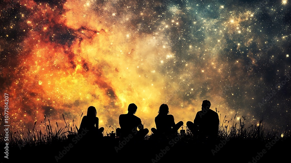 Silhouetted figures gazing at a vibrant cosmic scene filled with stars and colors. Silhouetted figures gazing at a vibrant cosmic scene filled with stars and colors.