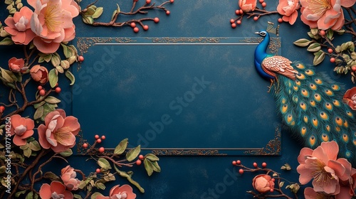 Indian wedding invitation on a table with peacock design  