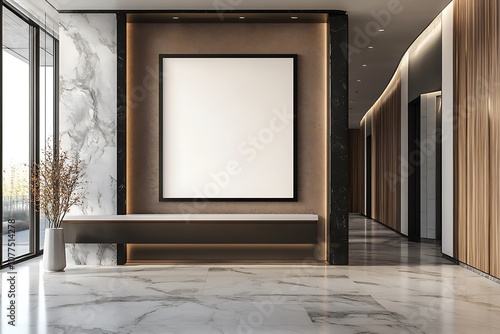 Modern lobby with a minimalist design and a blank frame for art display.