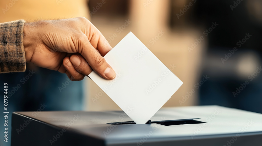 Close-up of a hand inserting a blank paper into a ballot box, symbolizing voting or election process with focus on the hand and ballot. Close-up of a hand inserting a blank paper into a ballot box, symbolizing voting or election process with focus on the hand and ballot.