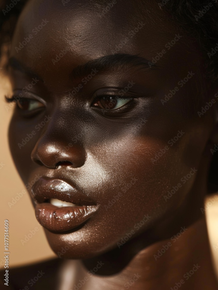 A woman gazes thoughtfully off-camera, showcasing her radiant skin and expressive eyes. Subtle shadows create depth, enhancing her natural beauty against a golden backdrop A woman gazes thoughtfully off-camera, showcasing her radiant skin and expressive eyes. Subtle shadows create depth, enhancing her natural beauty against a golden backdrop