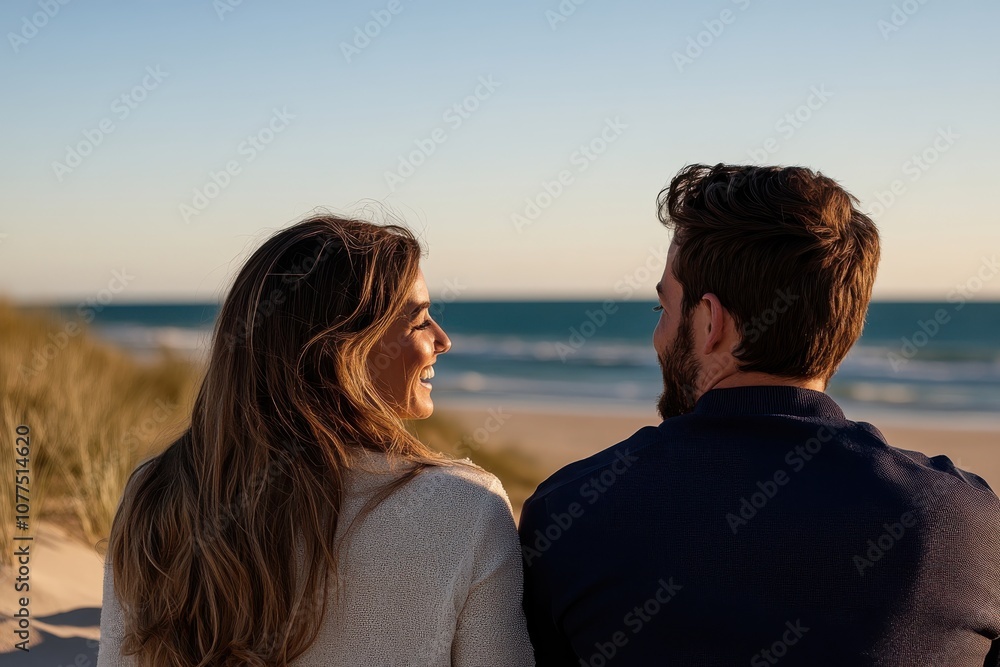 A couple, seen from behind, enjoys a peaceful moment on a sandy beach, looking towards the vast, calming ocean, with golden evening light all around them. A couple, seen from behind, enjoys a peaceful moment on a sandy beach, looking towards the vast, calming ocean, with golden evening light all around them.