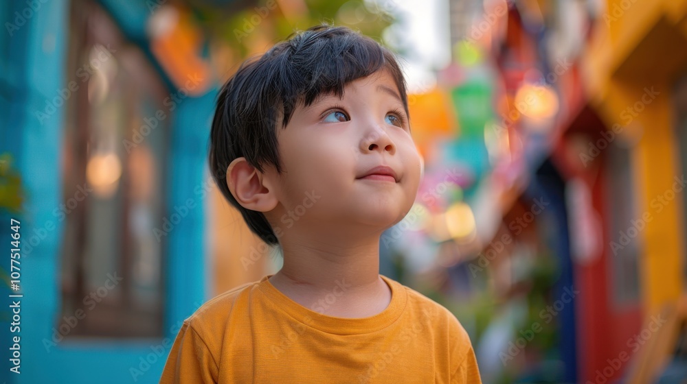Amidst a vivid backdrop, an adorable Asian boy's shy demeanor captures his sweet innocence and gentle nature Amidst a vivid backdrop, an adorable Asian boy's shy demeanor captures his sweet innocence and gentle nature