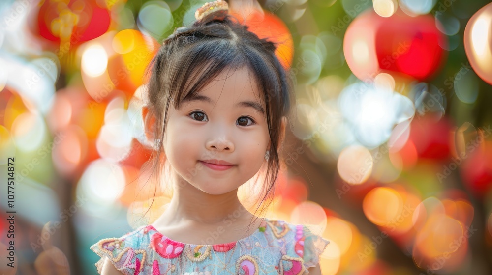 Amidst a vivid backdrop, an adorable Asian boy's shy demeanor captures his sweet innocence and gentle nature Amidst a vivid backdrop, an adorable Asian boy's shy demeanor captures his sweet innocence and gentle nature