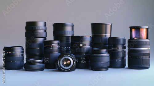 A collection of DSLR camera lenses, each a different size and with unique ways of reflecting light.