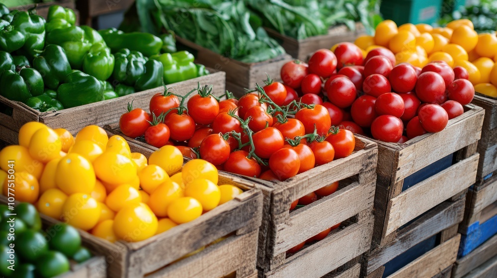 Fresh red, yellow, and green tomatoes in wooden crates at a market. Fresh red, yellow, and green tomatoes in wooden crates at a market.