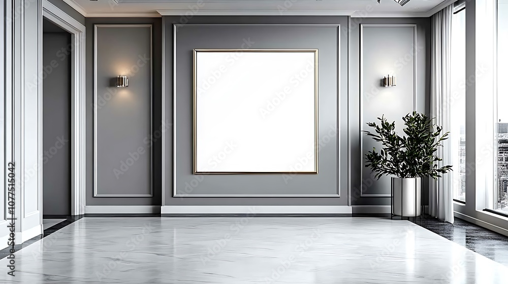A minimalist interior with a blank frame and a potted plant, emphasizing modern design. A minimalist interior with a blank frame and a potted plant, emphasizing modern design.
