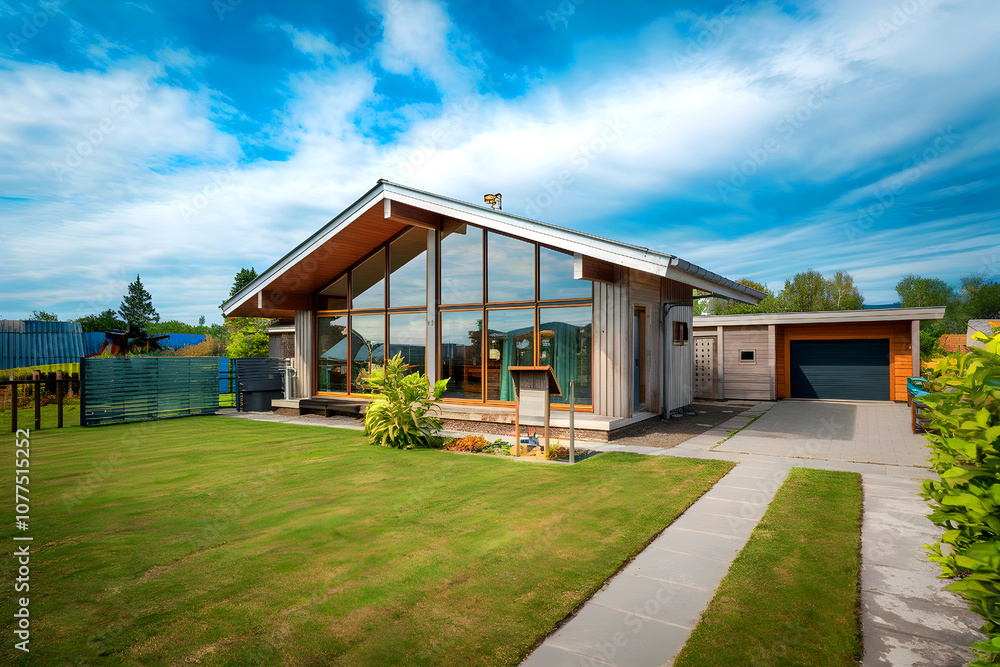 A garage and a house with a fence in the morning of summer. A garage and a house with a fence in the morning of summer.