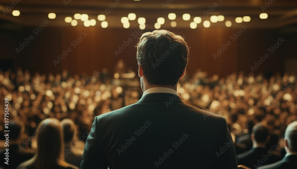 Speaker Presenting At Business And Entrepreneurship Symposium, With Audience In Conference Hall. Rear View Of Unidentified Participant In Audience. Speaker Presenting At Business And Entrepreneurship Symposium, With Audience In Conference Hall. Rear View Of Unidentified Participant In Audience.