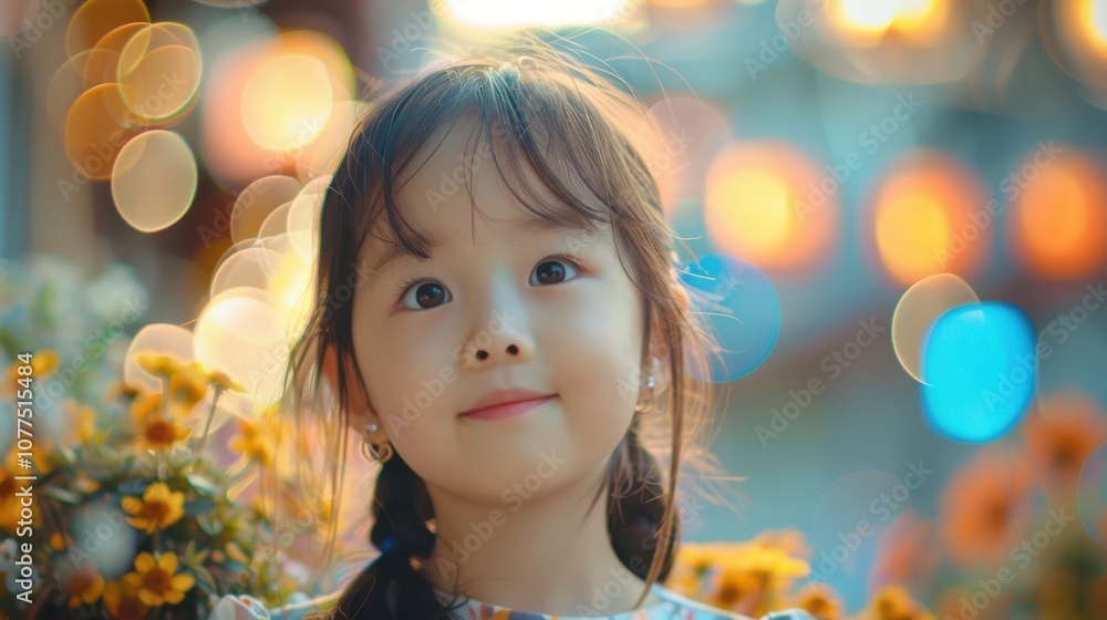 Fototapeta premium Amidst a vivid backdrop, an adorable Asian boy's shy demeanor captures his sweet innocence and gentle nature