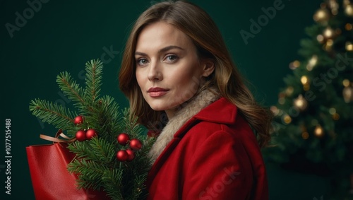 woman holding a package with Christmas decorations and a fir branch