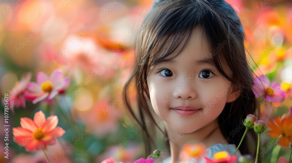 Amidst a vivid backdrop, an adorable Asian boy's shy demeanor captures his sweet innocence and gentle nature Amidst a vivid backdrop, an adorable Asian boy's shy demeanor captures his sweet innocence and gentle nature