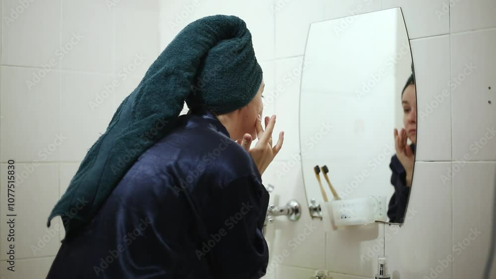 woman looking in mirror touching healthy soft face skin after daily treatment woman looking in mirror touching healthy soft face skin after daily treatment