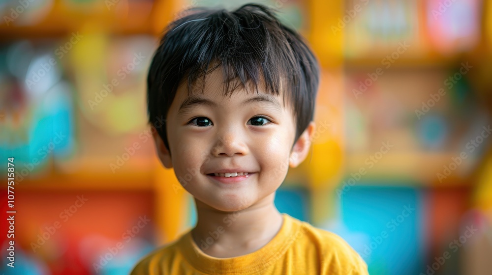 Amidst a vivid backdrop, an adorable Asian boy's shy demeanor captures his sweet innocence and gentle nature Amidst a vivid backdrop, an adorable Asian boy's shy demeanor captures his sweet innocence and gentle nature