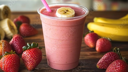 Fresh strawberry banana smoothie in plastic cup on wooden table
