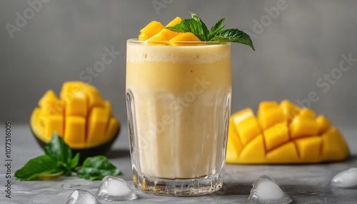 Refresh Yourself With A Mango Lassi Or Milk Shake Made With Yogurt, Sugar, Water, And Ice Served In A Glass On A Grey Background.