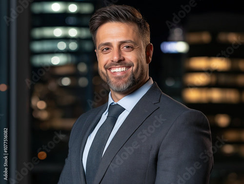 Smiling man in a tailored suit in corporate setting