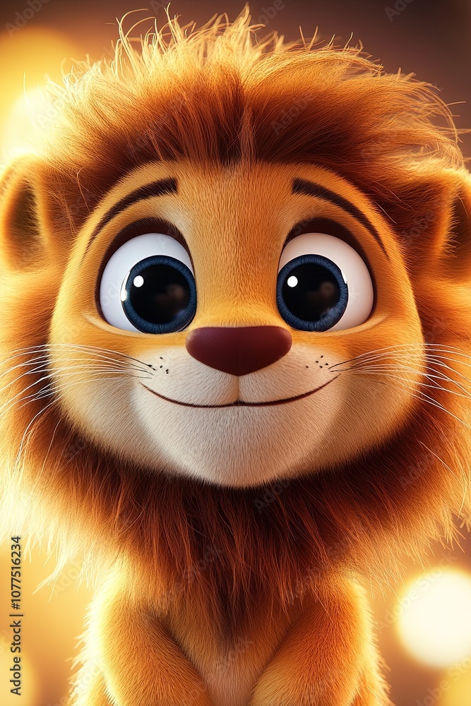 Obraz premium A smiling, fluffy, soft, 3D cartoon character lion with big eyes, long eyelashes 