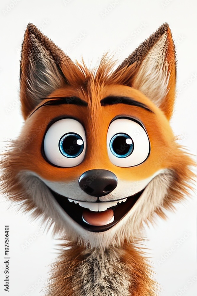 A smiling, fluffy, soft, 3D cartoon character coyote with big eyes, long eyelashes A smiling, fluffy, soft, 3D cartoon character coyote with big eyes, long eyelashes