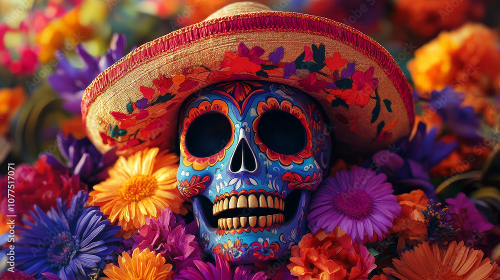 A colorful skull wearing a sombrero and surrounded by flowers. Perfect for business backgrounds, posters, or any marketing materials related to the Day of the Dead. A colorful skull wearing a sombrero and surrounded by flowers. Perfect for business backgrounds, posters, or any marketing materials related to the Day of the Dead.