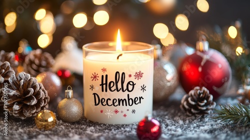 Burning candle celebrating hello december with christmas decoration