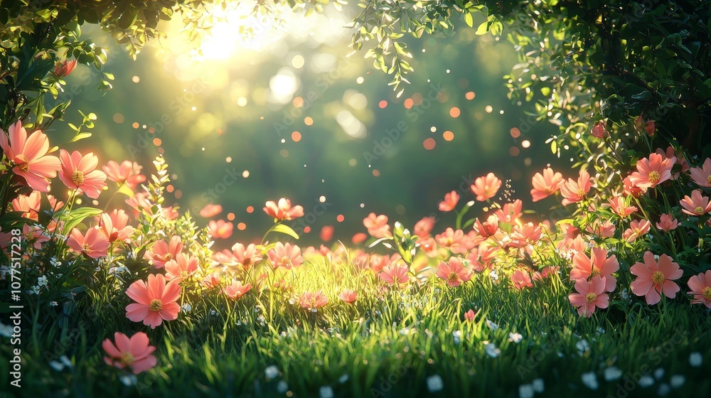 A serene garden scene filled with blooming flowers and soft sunlight filtering through trees. A serene garden scene filled with blooming flowers and soft sunlight filtering through trees.