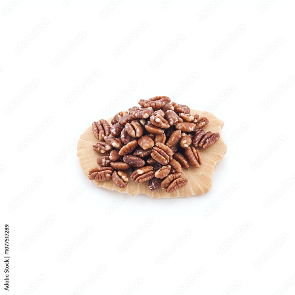 Artfully Arranged Candied Pecans on a Decorative Plate Isolated Against White Backdrop Artfully Arranged Candied Pecans on a Decorative Plate Isolated Against White Backdrop