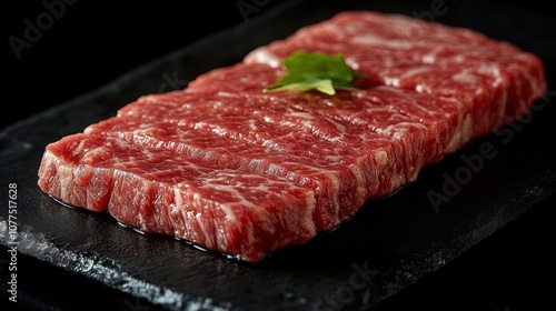 Close-up of thinly sliced raw beef on a black slate plate, garnished with a sprig of green herb.