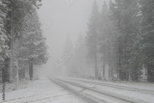 Photography Snowy road in the Sierra Nevada mountains near Lake Tahoe