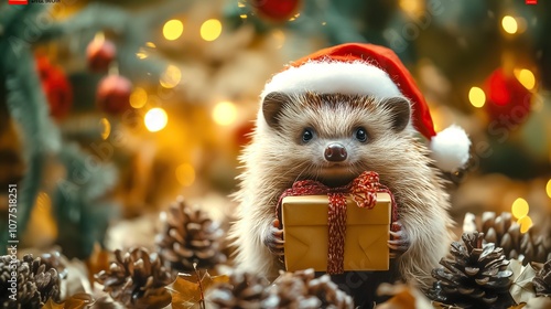 Charming hedgehog in a Santa hat with a gift box on a bright yellow background, ideal for Christmas and New Year ads with copy space 2026 - 2027.