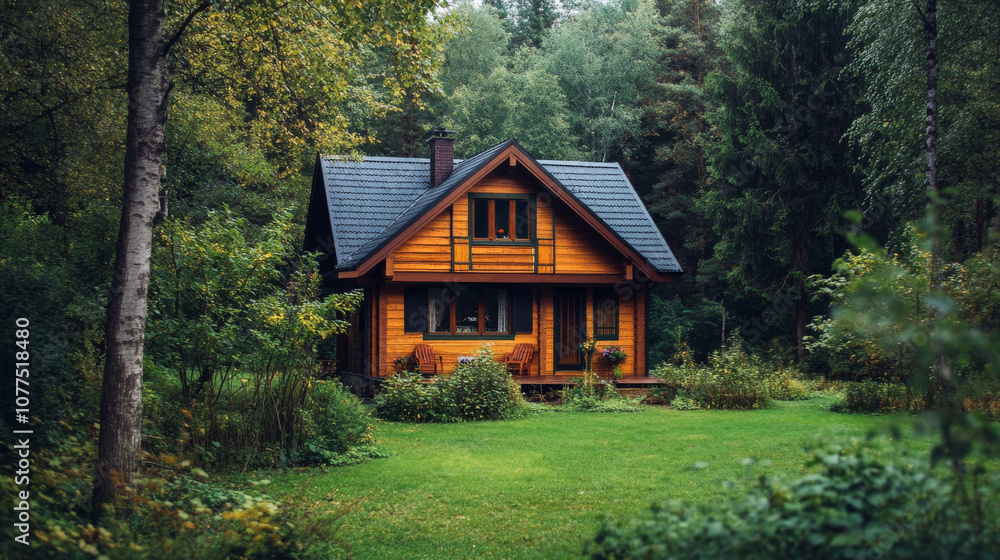 A cozy wooden house nestled in the forest. A cozy wooden house nestled in the forest.