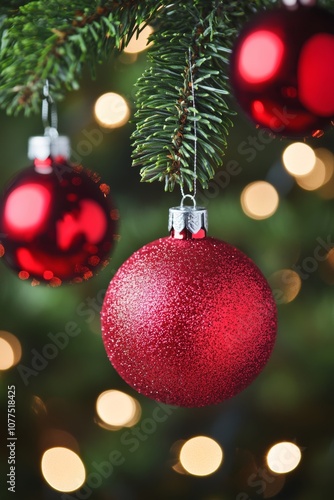 Two red ornaments glisten on a lush Christmas tree, capturing the festive spirit with twinkling lights in the background.