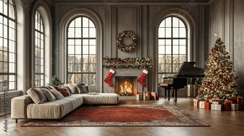 Cozy room adorned with a Christmas tree and a piano, exuding festive warmth and holiday charm.