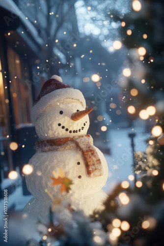 A cheerful snowman with a carrot nose and scarf stands in a snowy landscape, surrounded by winter wonderland charm. photo