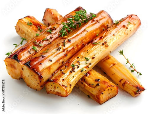 Glazed roasted parsnips with charred edges and thyme sprigs on a white background