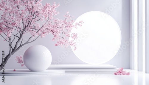 3d Rendering Of Japanese Style Architect And Sakura Tree With Large White Ball For Branding And Product Presentation. Ideal For Cosmetics. photo