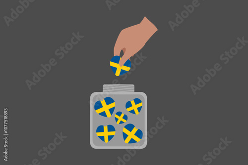 A hand put Sweden hearts in a bowl, Sweden flag vector graphic, Sweden country flag is a symbol of freedom, National Sweden flag, vector illustration
